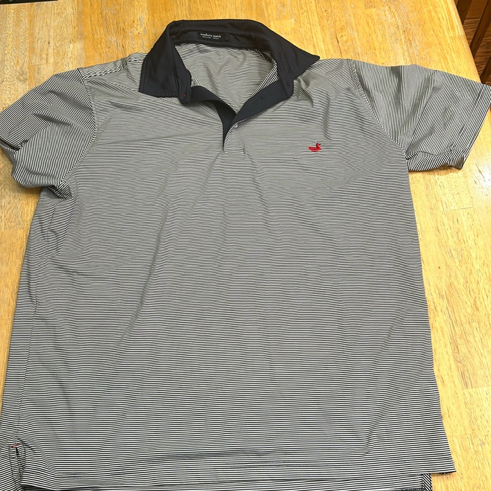 XL men’s southern marsh performance gold polo blue stripe blue collar